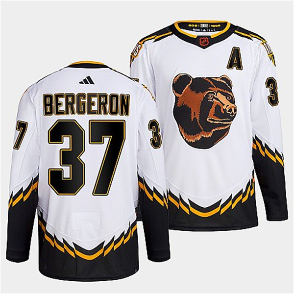 Men's Boston Bruins #37 Patrice Bergeron 2022 White Reverse Retro Stitched Jersey